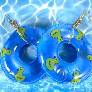 Adorable Duckie Bright Blue Pool Float Earrings summertime fun KAWAII
